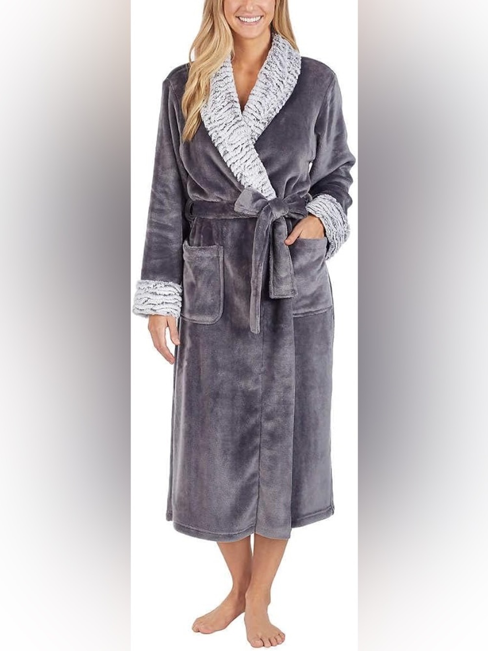 Carole Hochman Plush Robe Faux Fur Trim Grey NWT XXL